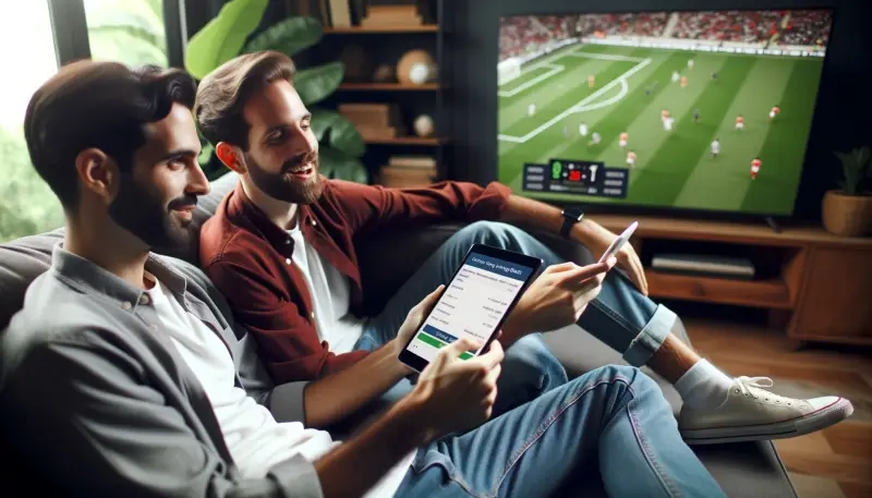 Two people betting during a football match on television