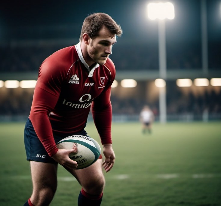 A rugby player on a field, holding a ball